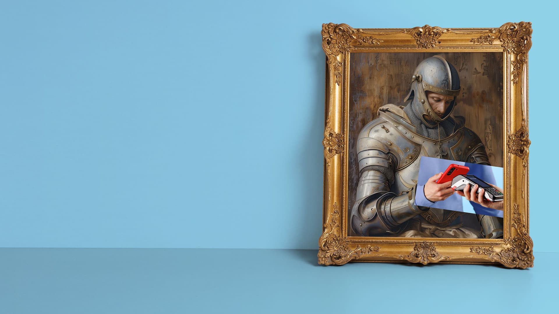 Ein klassisch gerahmtes Gemälde eines Ritters in Rüstung zeigt, wie er nachdenklich auf ein modernes Smartphone blickt, das ihm von einer realen Hand gereicht wird. 