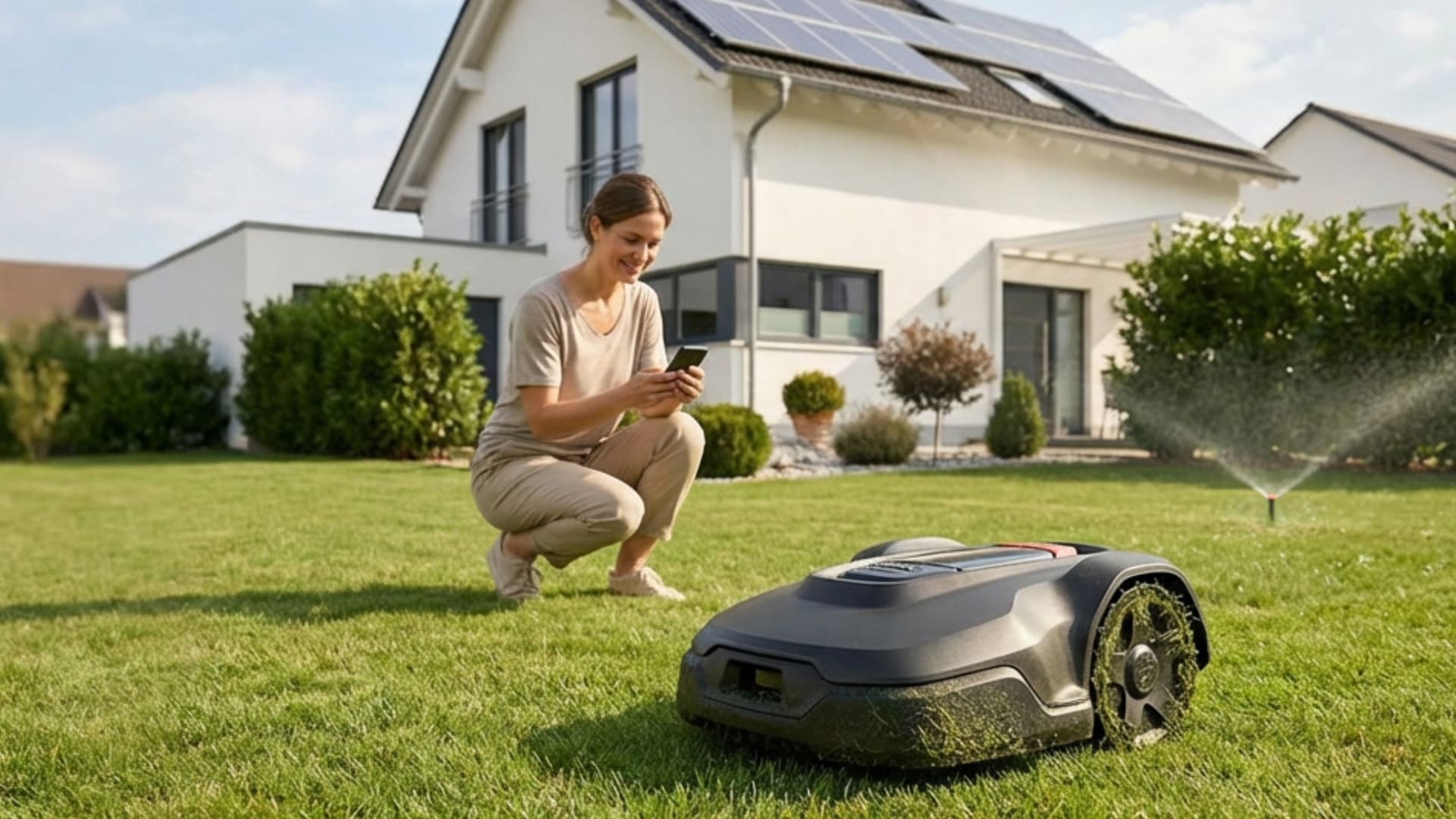 Alt-Text (barrierefrei, kurz):  Frau mit Smartphone im Garten überwacht einen Mähroboter auf dem Rasen vor einem Einfamilienhaus mit Solarpanelen.