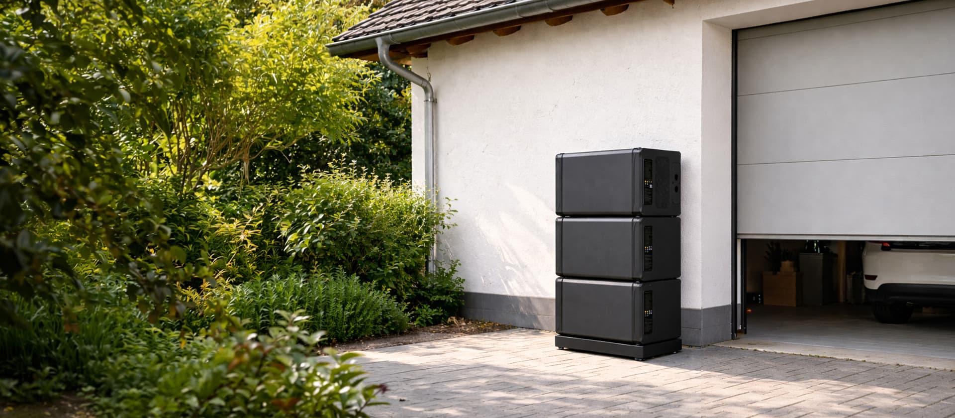 Außenansicht eines Hauses mit einer dreiteiligen, schwarzen Heimspeicher-Batterie neben einer Garage und umliegender Gartenbepflanzung.