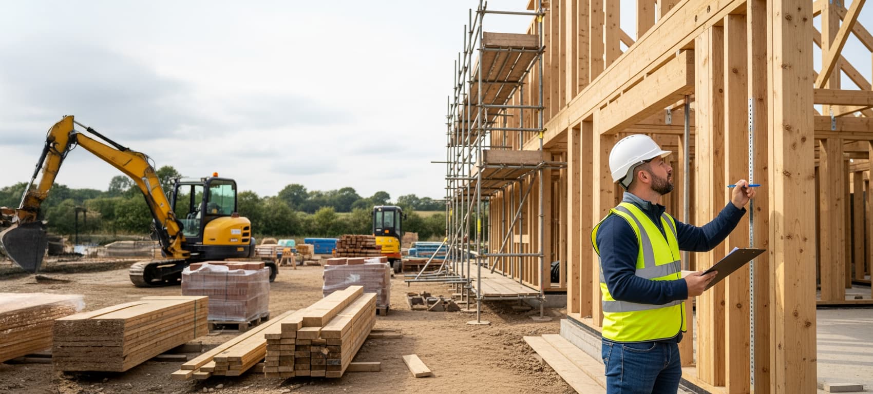 Bausachverständiger mit Schutzhelm und Warnweste prüft Holzrahmenbau auf einer Baustelle mit Gerüst und Baumaschinen im Hintergrund