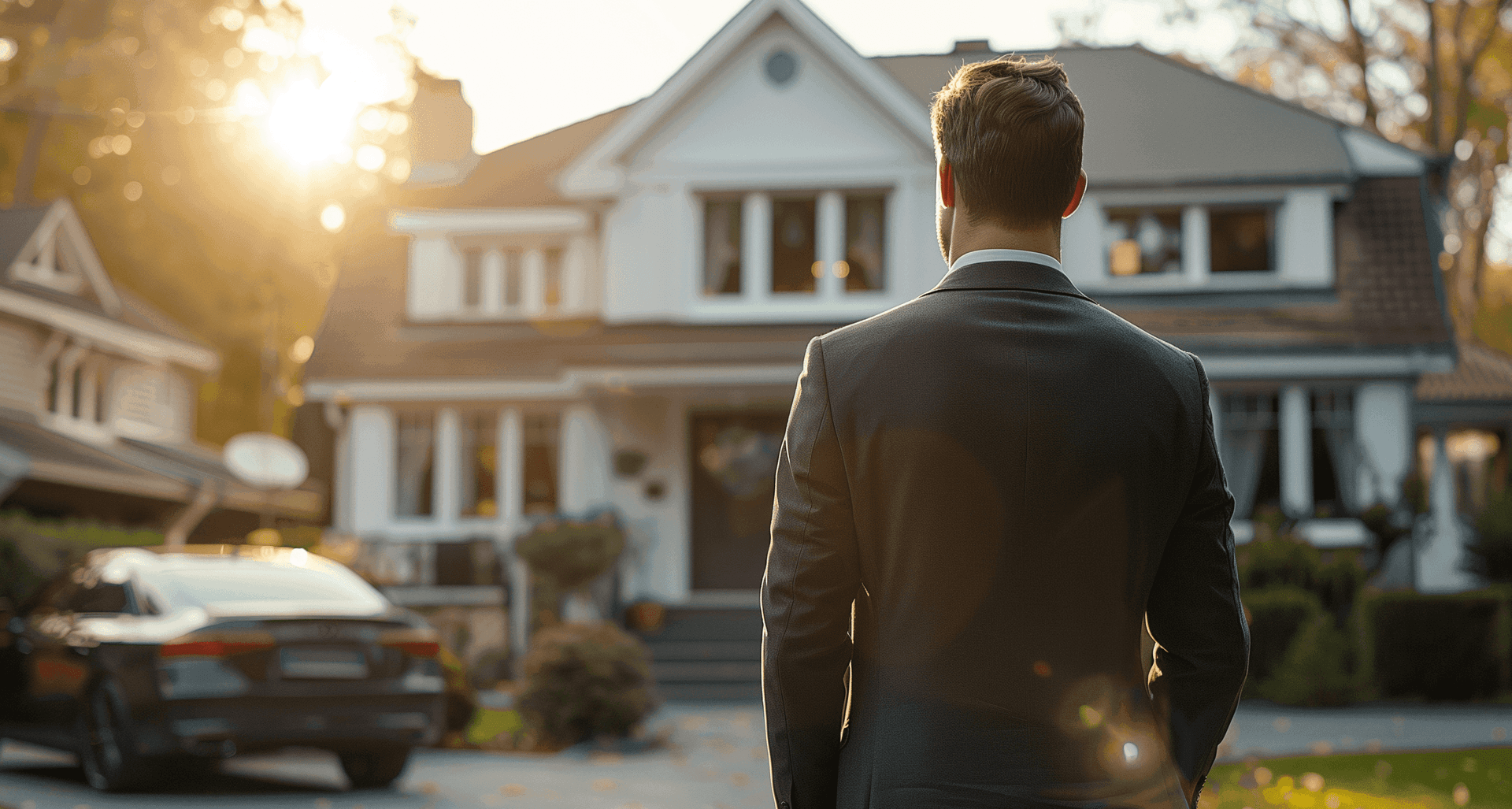 Ein Mann in einem Anzug steht mit dem Rücken zur Kamera vor einem Einfamilienhaus.