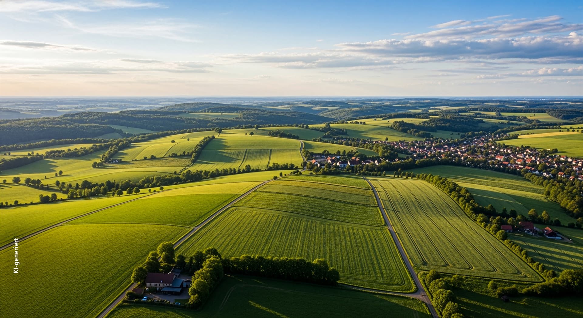 Luftaufnahme einer grünen Hügellandschaft und landwirtschaftlicher Felder mit einem kleinen Dorf in Hessen, unter blauem Himmel