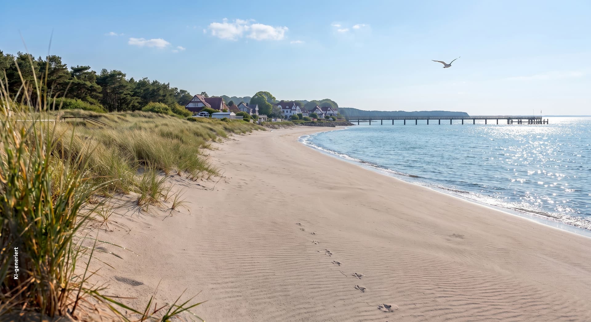 Weißer Sandstrand in Mecklenburg-Vorpommern mit Dünenhafer im Vordergrund, Fußspuren im Sand, Häuser am Baumbewachsenen Ufer, eine Seebrücke und eine Möwe über dem glitzernden Meer.