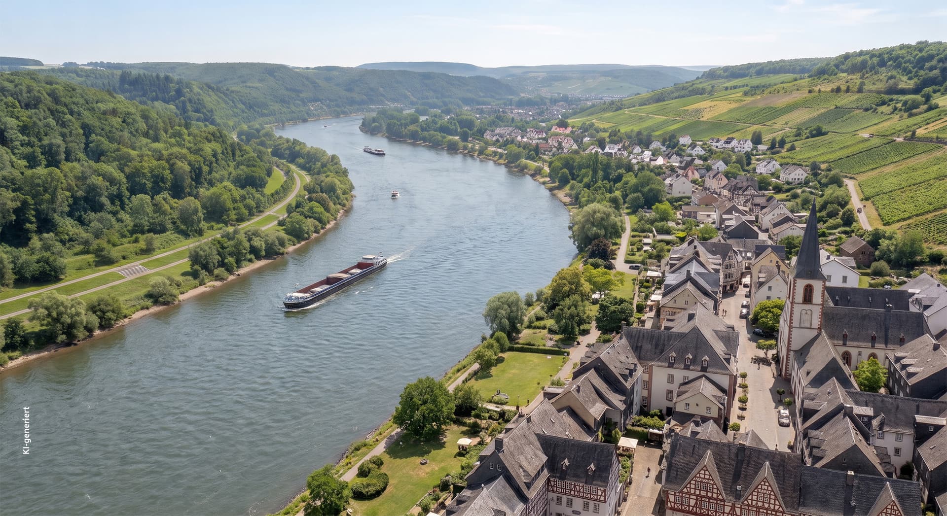 Luftaufnahme eines Flusstals mit einem Frachtschiff auf dem Fluss, links bewaldete Hänge, rechts Weinberge und ein Dorf mit Kirche.