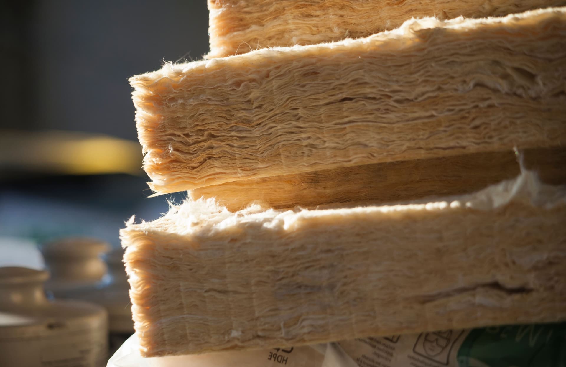 Stack of mineral wool for energy insulation of buildings stored at a construction site