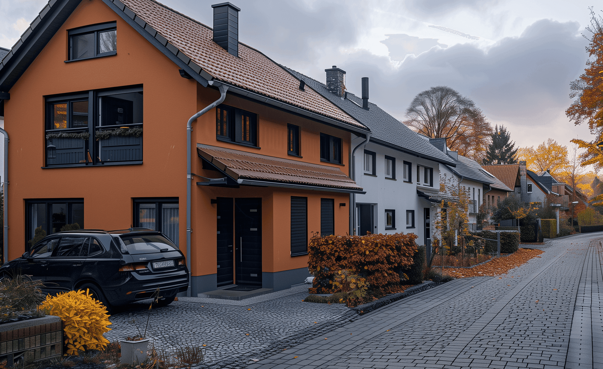 Ein orange verputztes Einfamilienhaus.