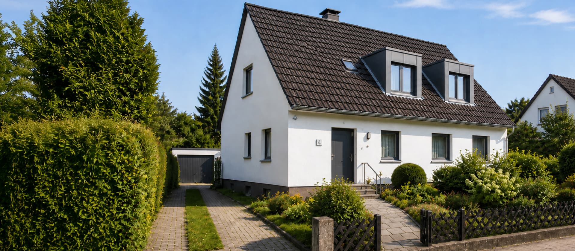 Einfamilienhaus mit gepflegtem Garten und zwei modernen Dachgauben auf einem steilen Ziegeldach.