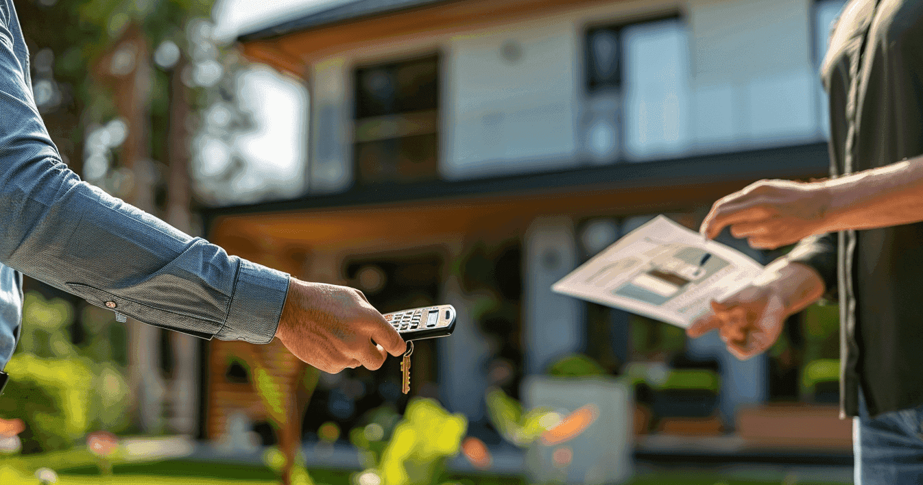 Zwei Personen stehen sich gegenüber und halten ein Dokument und einen Taschenrechner in der Hand,