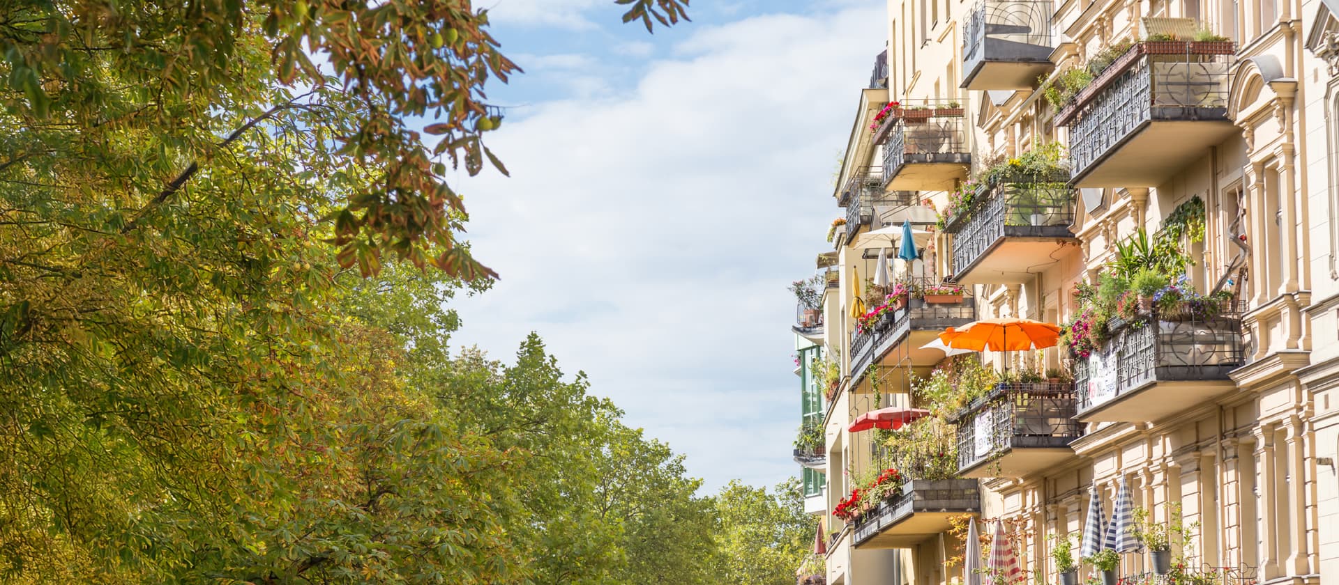 Sonnige Straßenszene mit historischen Altbau-Balkonen voller Pflanzen und bunten Sonnenschirmen rechts, große grüne Bäume links.