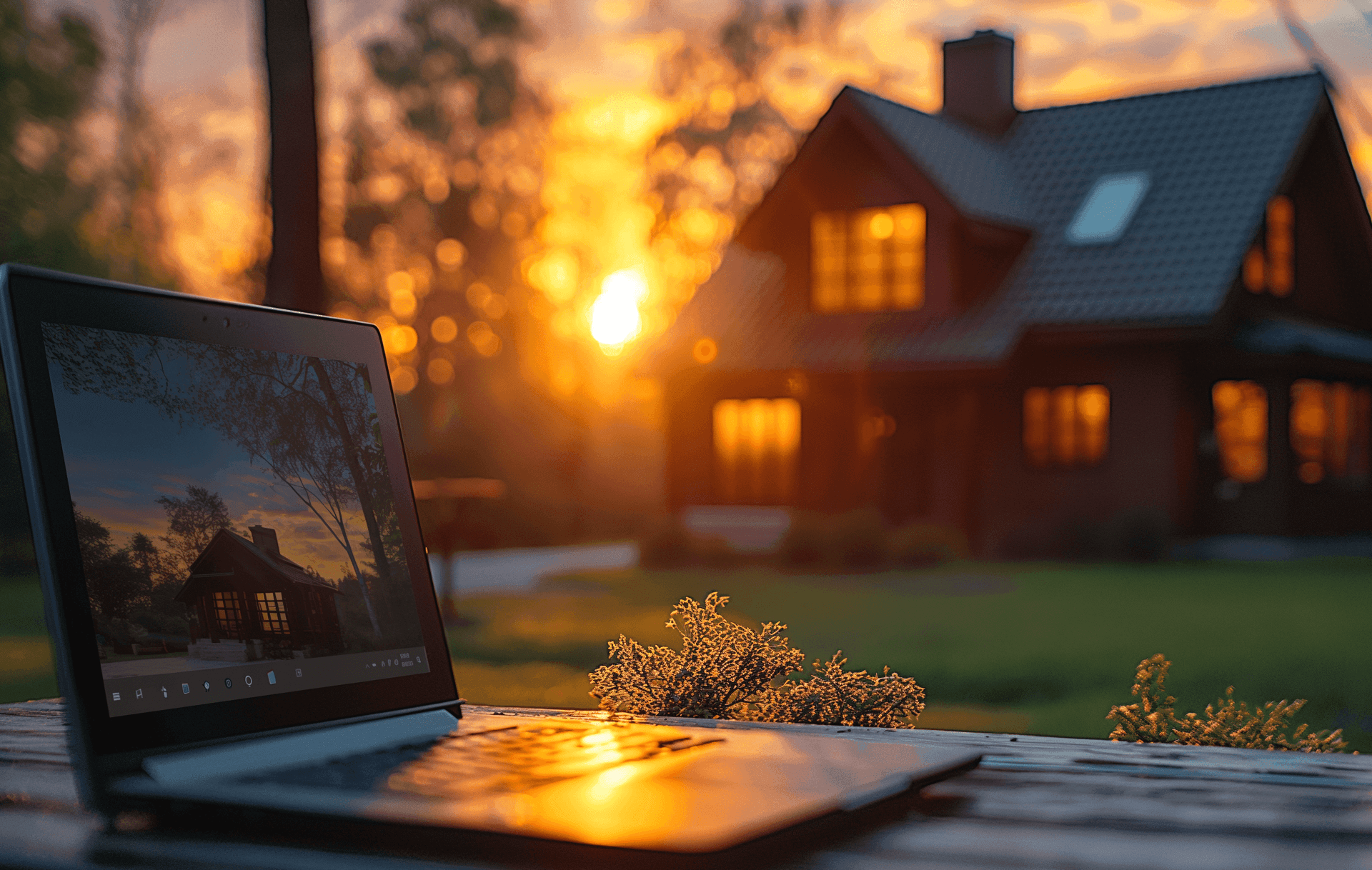 Ein Laptop mit Bildern für ein Expose steht vor einem Haus.