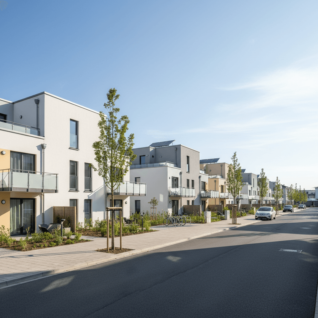 Moderne Wohnsiedlung mit Reihenhäusern, Balkonen und jungen Bäumen entlang einer ruhigen Straße bei sonnigem Wetter