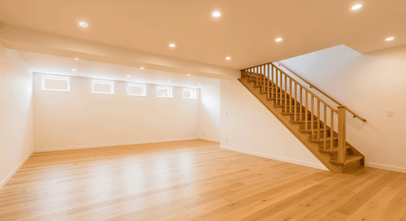 Heller leerer Wohnraum mit Holzfußboden, Holztreppe an der rechten Wand, weißen Wänden, kleinen Fenstern und Deckenspots im Untergeschoss