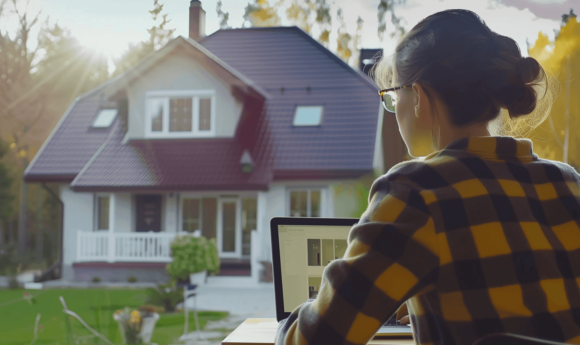 Eine Frau mit Laptop sitzt vor einem Haus.