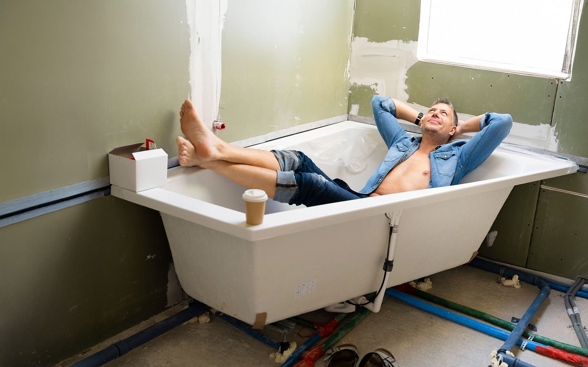 Mann liegt entspannt in eingebauter Badewanne auf Baustelle mit sichtbaren Rohren und Kaffeebecher