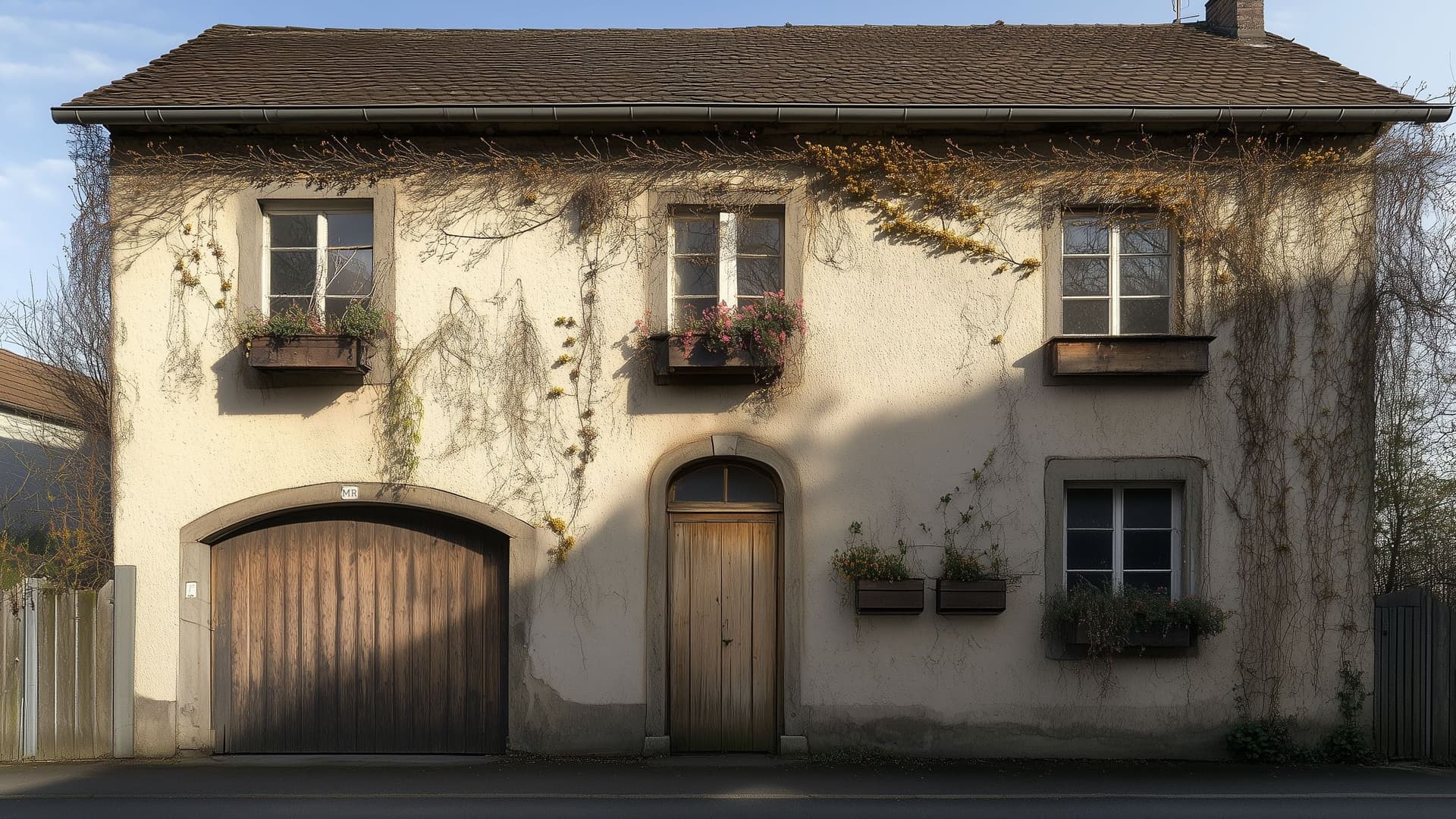Fassade eines älteren zweistöckigen Wohnhauses mit Holztor und Holztür, bewachsenen Fensterrahmen und Blumenkästen, aufgenommen bei Tageslicht