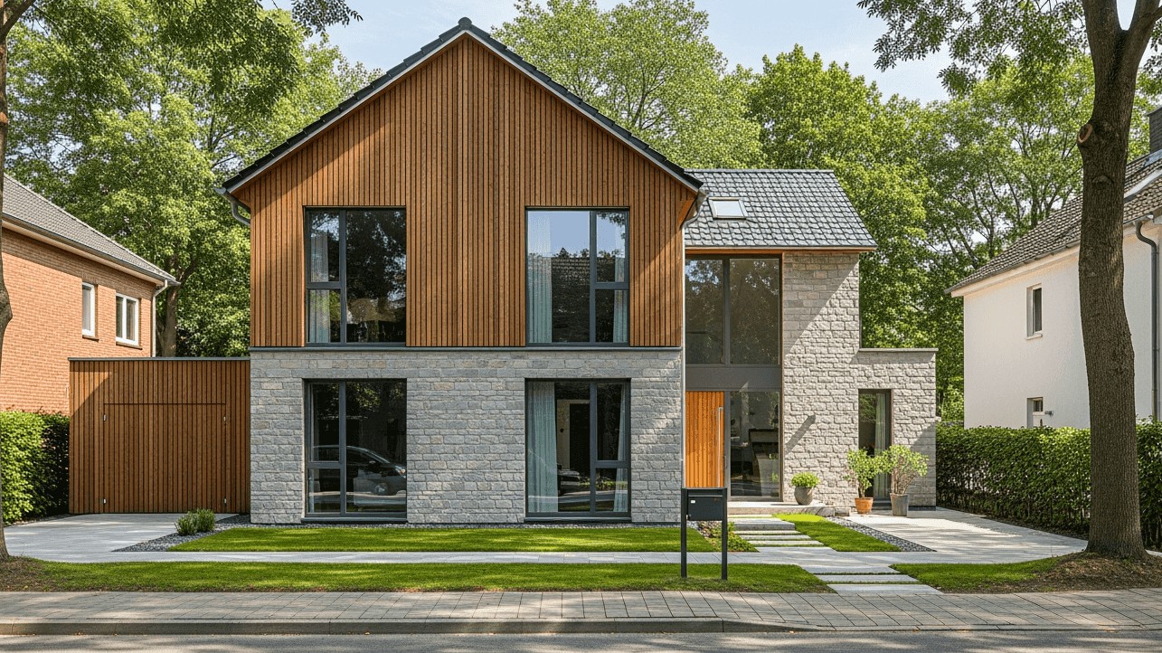 Modernes Einfamilienhaus in einer grünen Wohnstraße: unten Fassade aus hellen Steinquadern, oben vertikale Holzverschalung mit vielen bodentiefen Fenstern. Rechts ein hoher verglaster Eingangsbereich, davor gepflegter Vorgarten mit Rasen, Bäumen und Weg.