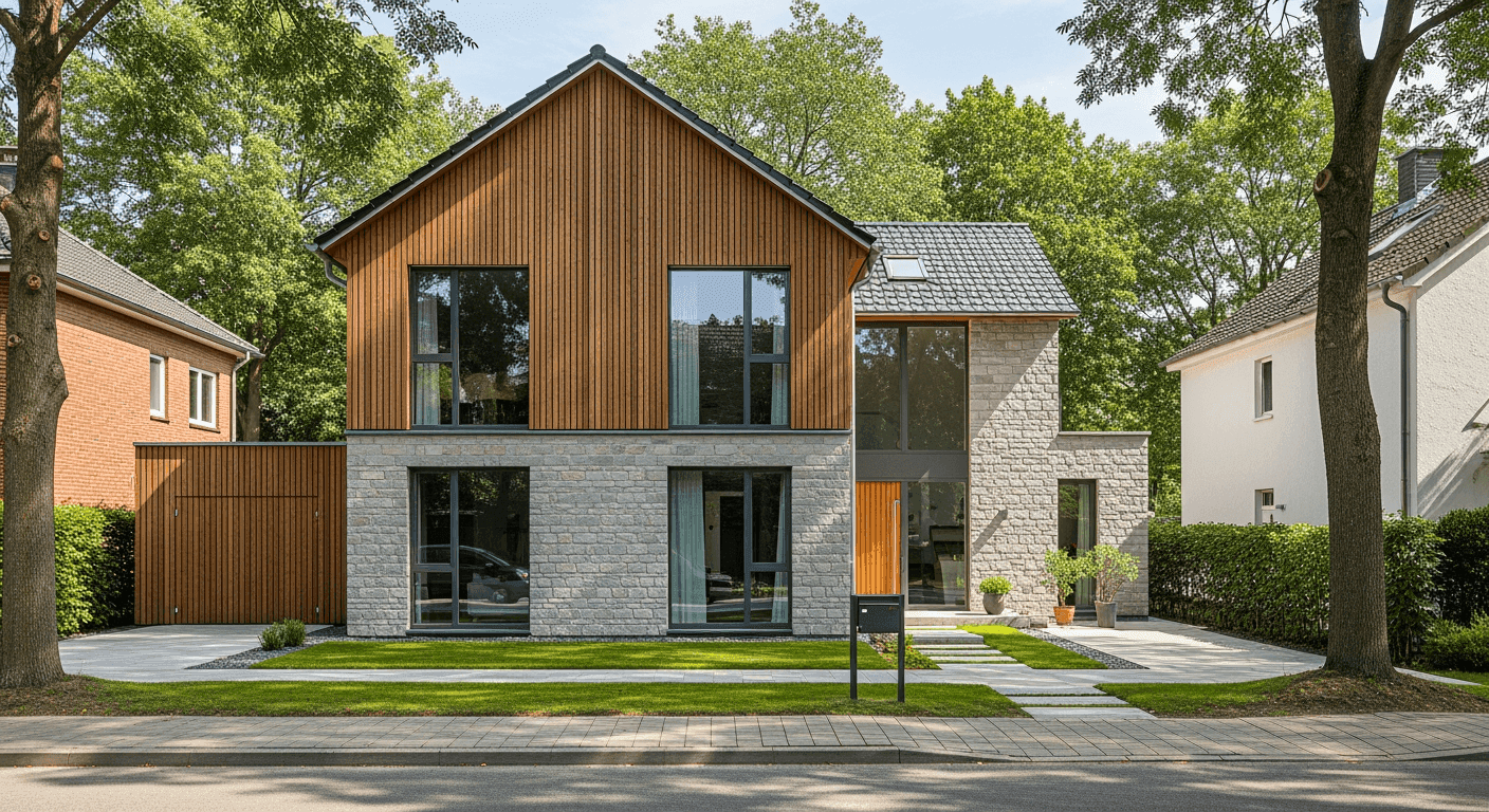 Modernes Einfamilienhaus in einer grünen Wohnstraße: unten Fassade aus hellen Steinquadern, oben vertikale Holzverschalung mit vielen bodentiefen Fenstern. Rechts ein hoher verglaster Eingangsbereich, davor gepflegter Vorgarten mit Rasen, Bäumen und Weg.