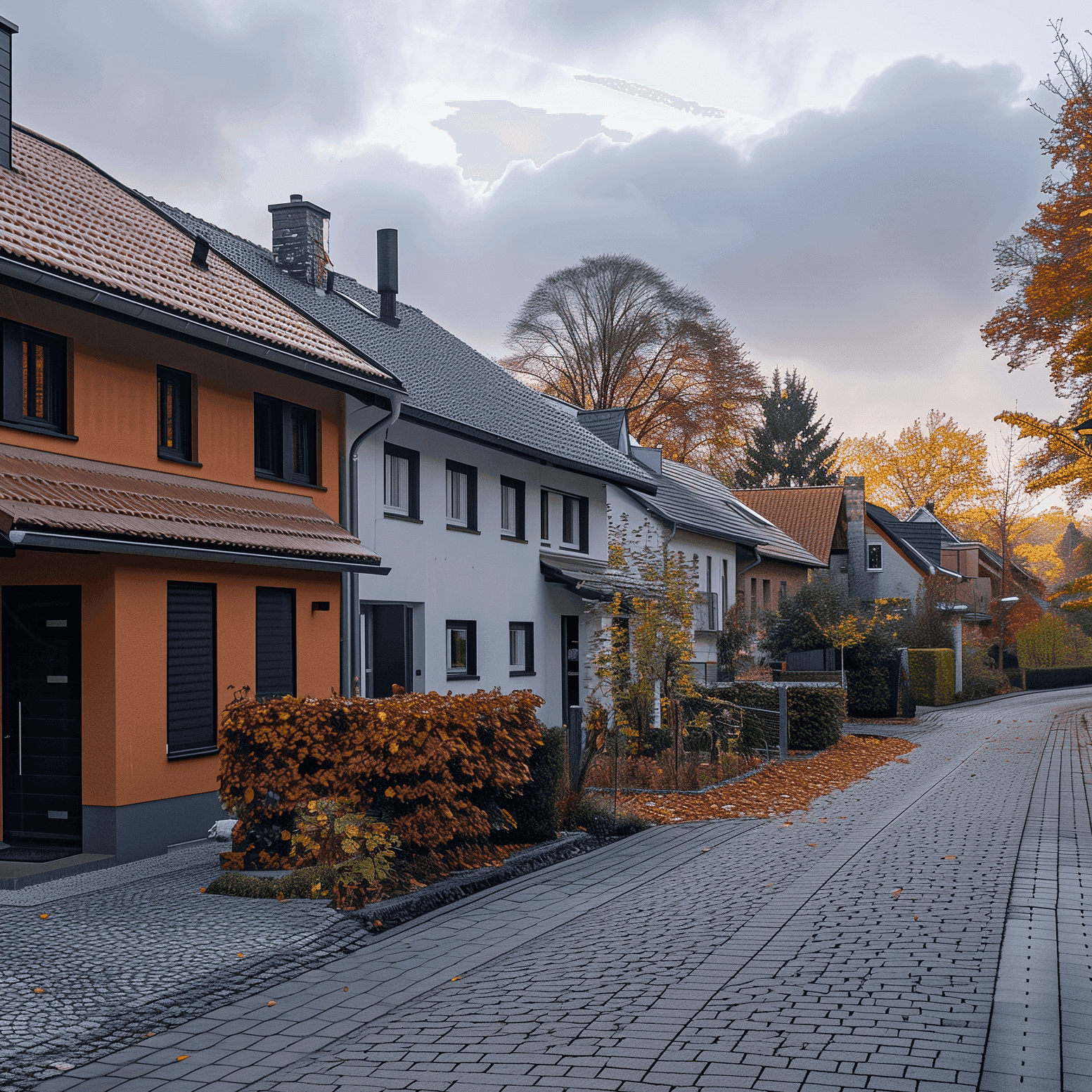 Reihenhaus mit orangefarbener Fassade und geparktem Auto in ruhiger Wohnstraße bei herbstlicher Stimmung