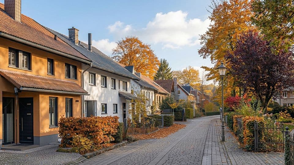 Ruhige Wohnstraße im Herbst mit Reihenhäusern, Laubbüschen und Laternen.