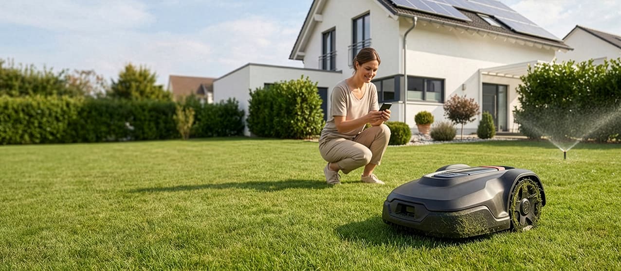Frau kniet im Vorgarten vor einem smarten Rasenroboter und bedient ein Smartphone, modernes Haus mit Solarpaneelen im Hintergrund.