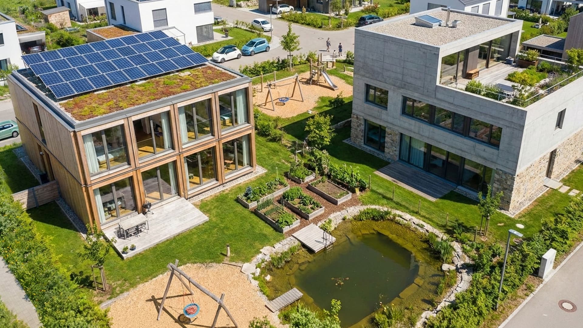 Moderne Einfamilienhäuser mit Solardach, Begrünung, Gartenbeeten, Spielplatz und einem kleinen Teich in einer Reihenhaussiedlung aus der Vogelperspektive