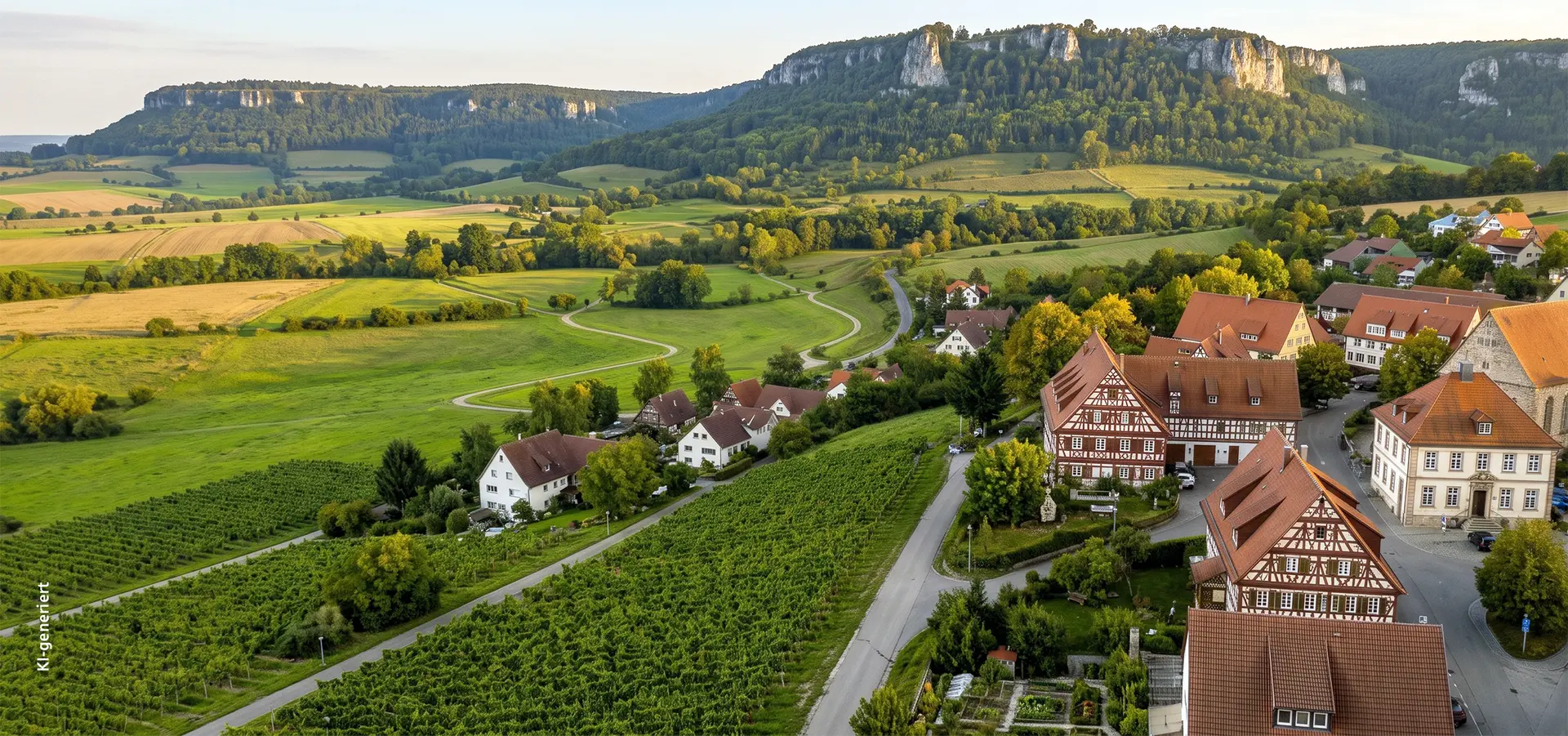 Panorama einer idyllischen schwäbischen Landschaft mit Weinbergen im Vordergrund, Fachwerkhäusern eines Dorfes rechts und bewaldeten Kalkfelsen (Schwäbische Alb) im Hintergrund.