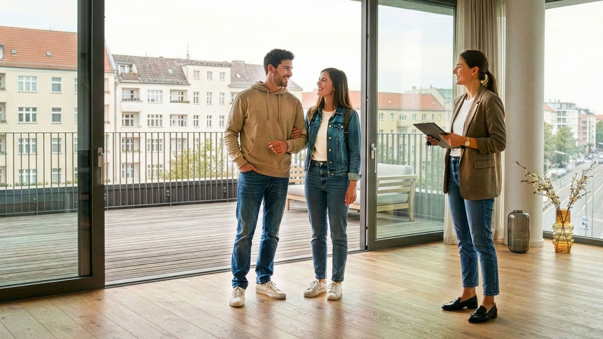 Ein junges Paar mit einer Maklerin bei einer Wohnungsbesichtigung