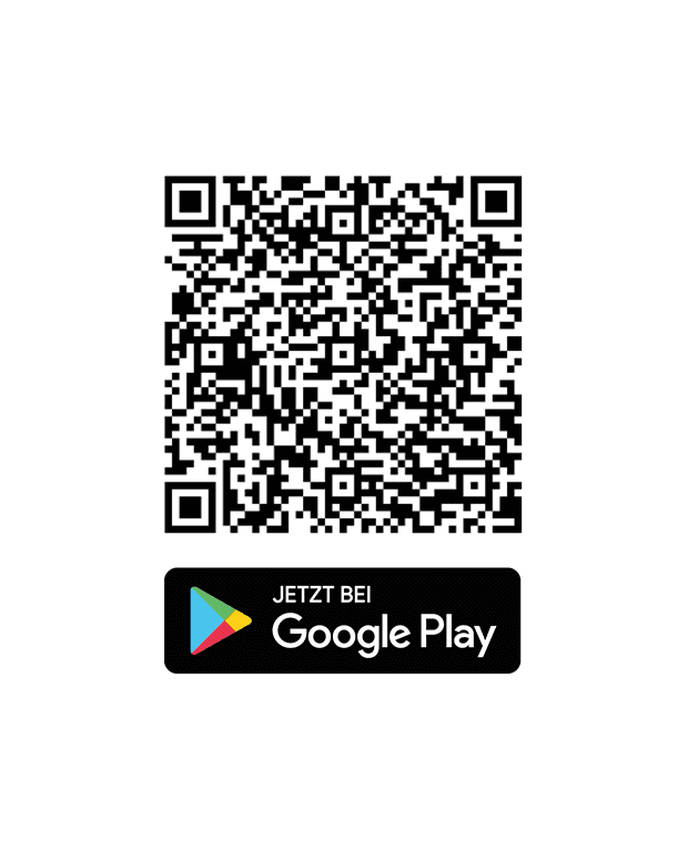 QR-Code zum Herunterladen einer App über den Google Play Store. Darunter befindet sich das Google Play-Logo mit dem Text 'JETZT BEI Google Play