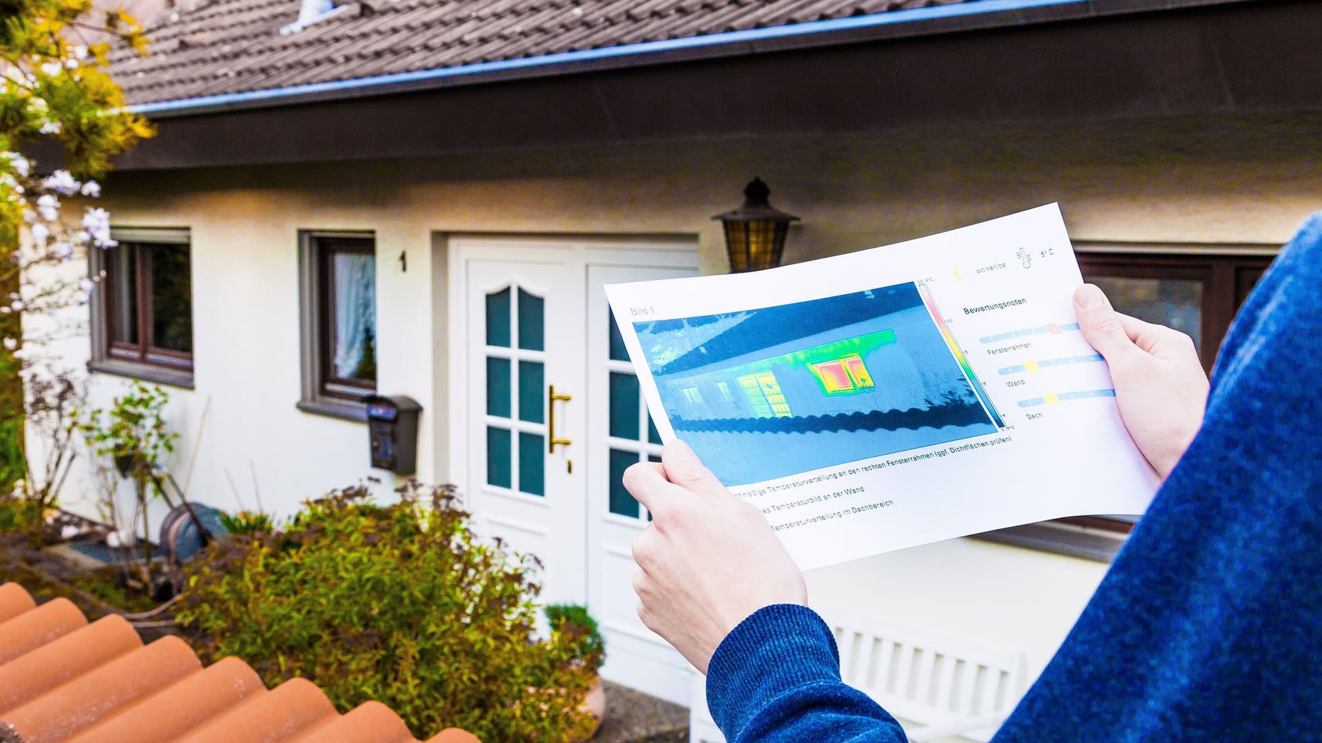 Person hält vor einem Einfamilienhaus ein Blatt Papier mit einer Thermografieaufnahme des Gebäudes in der Hand