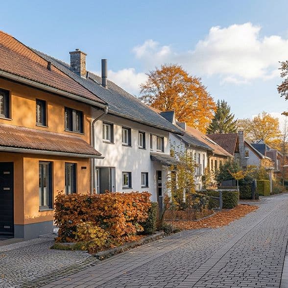 Reihenhäuser an einer ruhigen Herbststraße mit bunten Büschen und Laub, klares Tageslicht.