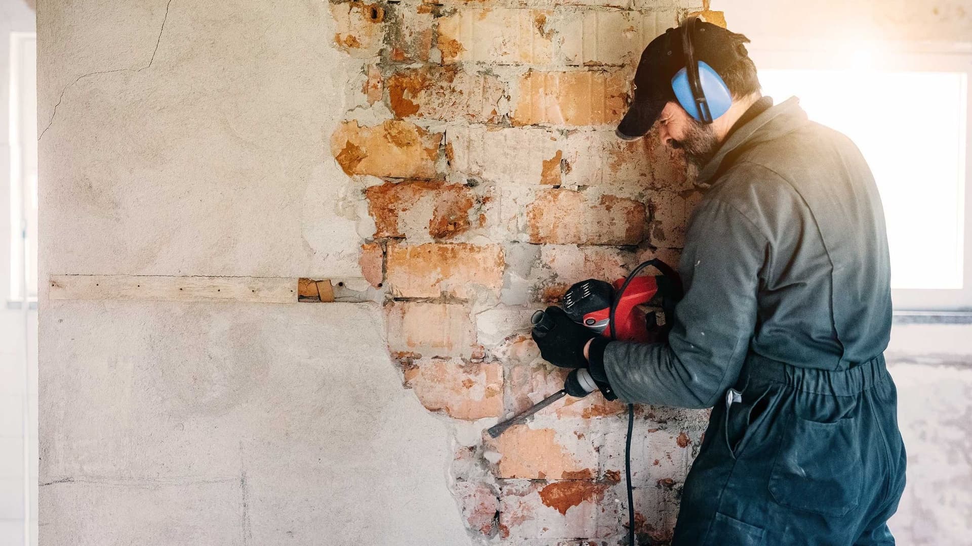 Ein Handwerker mit Schutzkleidung und Gehörschutz arbeitet mit einem Schlagbohrer an einer alten Backsteinmauer im Innenraum. Teile des Putzes sind bereits entfernt – die Szene zeigt Renovierungs- oder Sanierungsarbeiten am Gebäude.