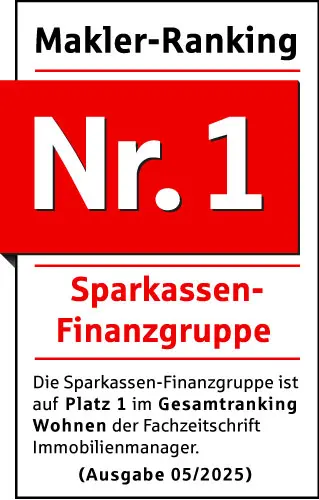 Siegel Makler-Ranking: Nr. 1 Sparkassen-Finanzgruppe. Platz 1 im Gesamtranking Wohnen der Fachzeitschrift Immobilienmanager, Ausgabe 05/2025.